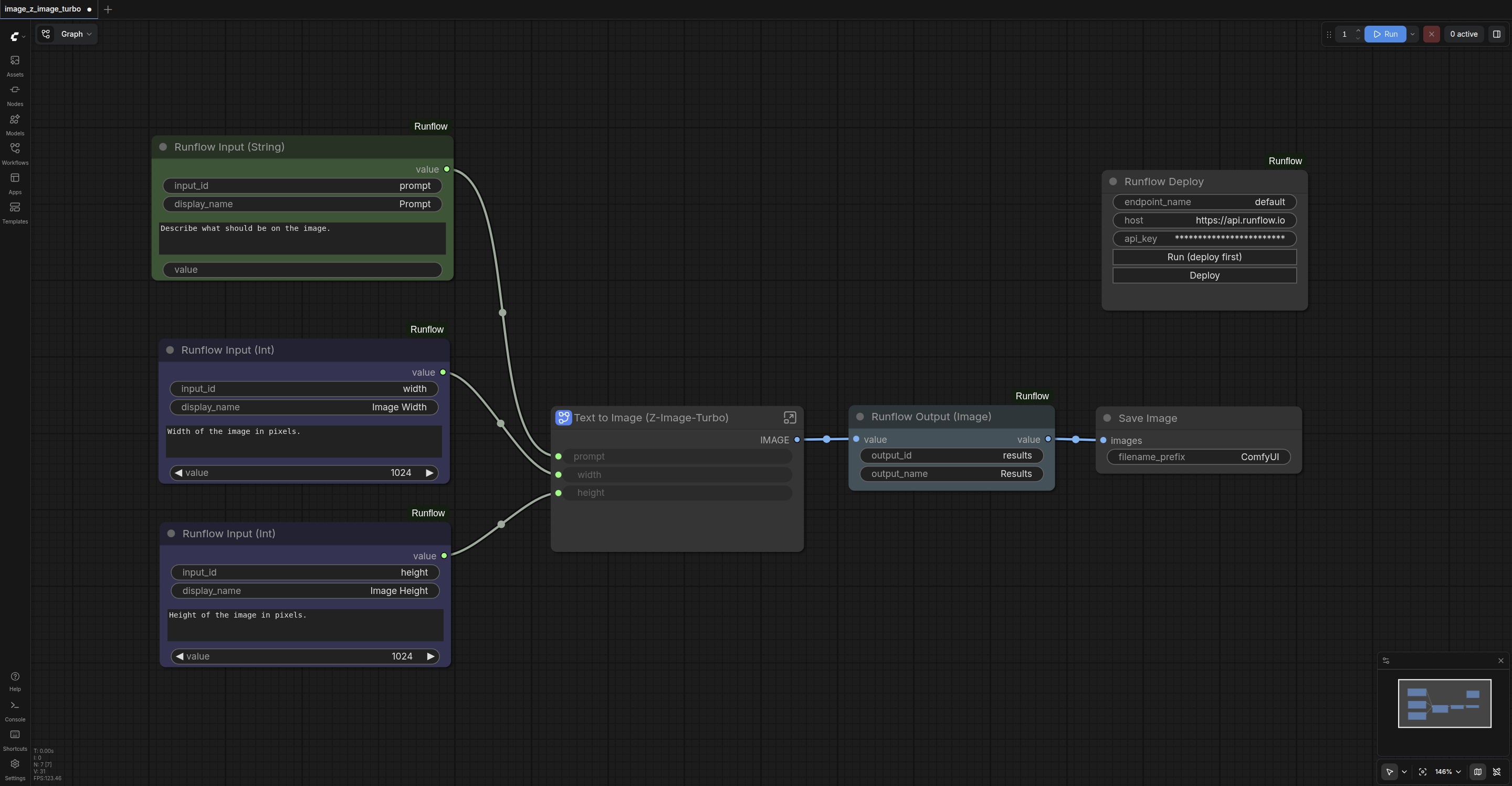 A full Runflow pipeline in ComfyUI: Input, processing, Output, and Deploy nodes wired together